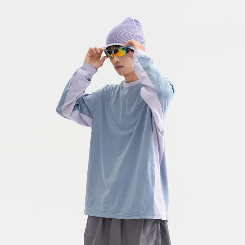 Tシャツ ユニセックス ストリート アメカジ スポーツ 長袖 クルーネック オーバーサイズ ゆったり 速乾 通気性 UVカット 裾ドローストリング 切り替え ポリエステル カジュアル トップス 春秋