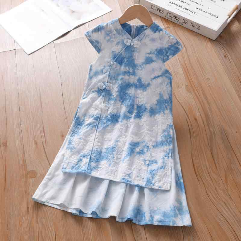 ワンピース 女の子 子供服 春夏 漢服 チャイナドレス 雲南古式絞り染め 藍染め 刺繍 切り替え エスニック風 半袖 綿 Aライン プリンセスドレス かわいい お出かけ 普段使い 女児 キッズ