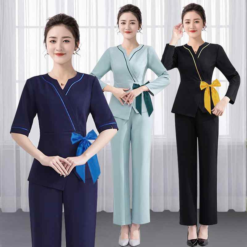 セットアップ レディース 美容院 エステサロン フットケア マッサージ 施術着 制服 ユニフォーム 吸湿速乾 ポリエステル Vネック 半袖 ロングパンツ グリーン ブルー ブラック