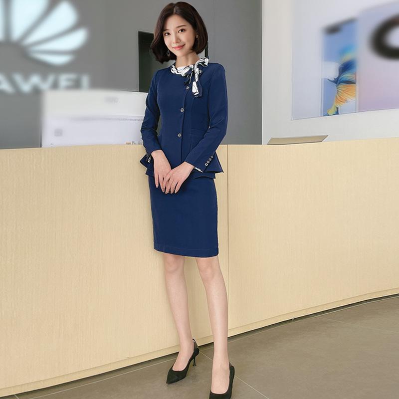 セットアップ レディース 女性用 秋冬 韓国風 事務服 制服 ユニフォーム 受付 美容師 販売員 施術者向け 長袖 濃紺 無地 パンツ スカート セット ポリエステル 防寒