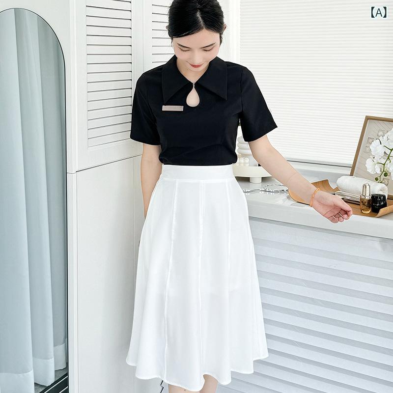 ユニフォーム レディース エステ サロン スパ 美容院 マッサージ 施術着 業務服 セットアップ トップス スカート ワンピース 半袖 長袖 Aライン 細見え 体型カバー 高級感 ポリエステル 夏