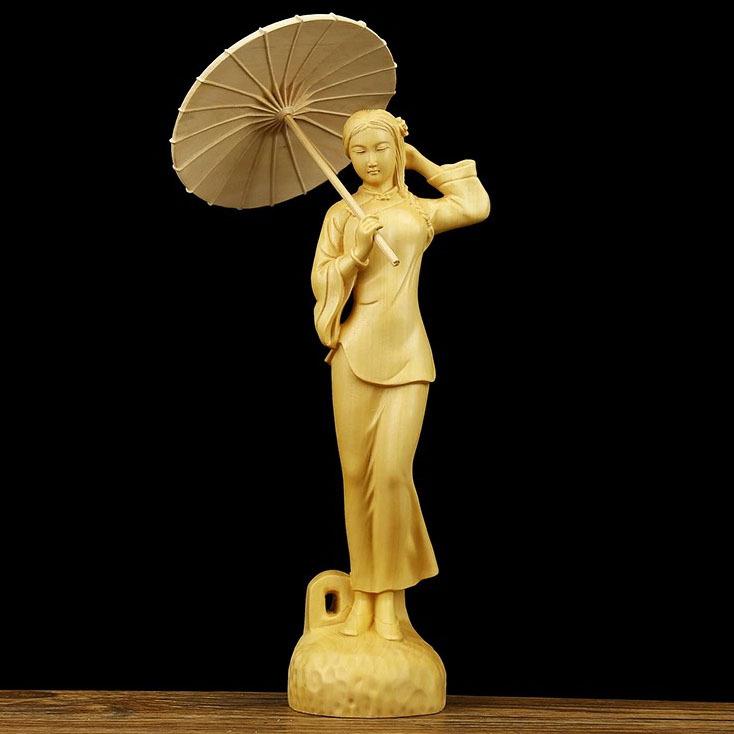 置物 黄楊木彫刻 傘美人像 優雅な女性フィギュア 新中国風スタイル 江南風情 花様年華 モダンインテリア卓上飾り