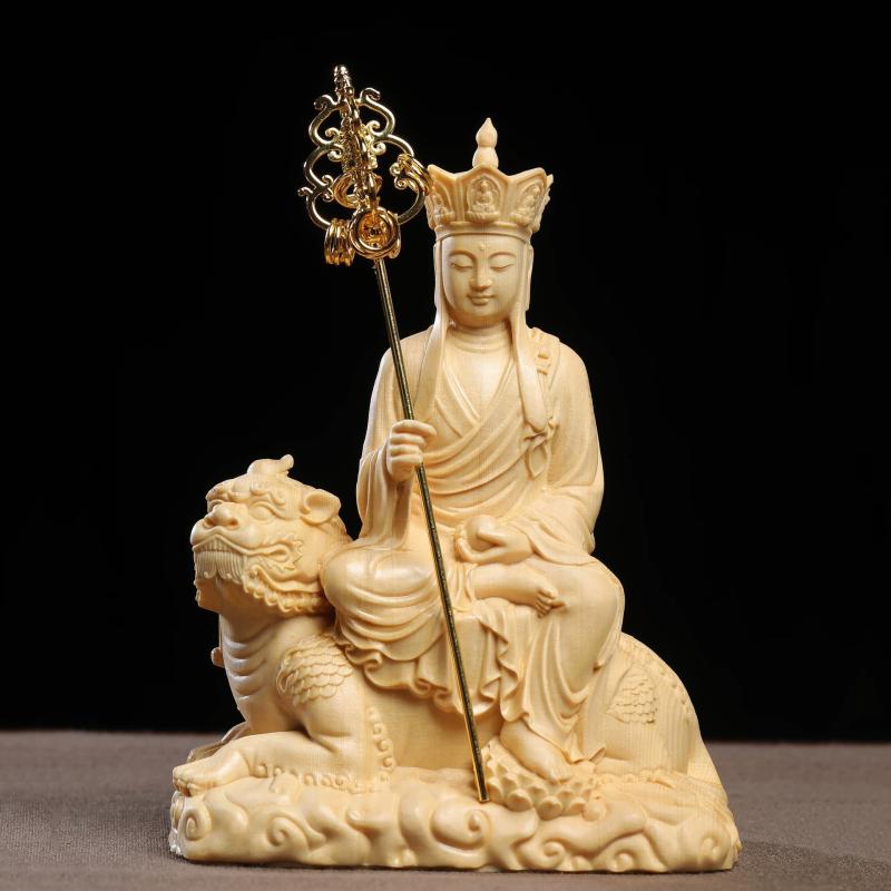 置物 檜木 精密彫刻 騎獣 諦聴 地蔵菩薩像 木彫り 手彫り 家庭用 寺院用 仏具 新中国風 中華風 アジアン インテリア オブジェ 飾り 厄除け 開運 縁起物|花りぼん