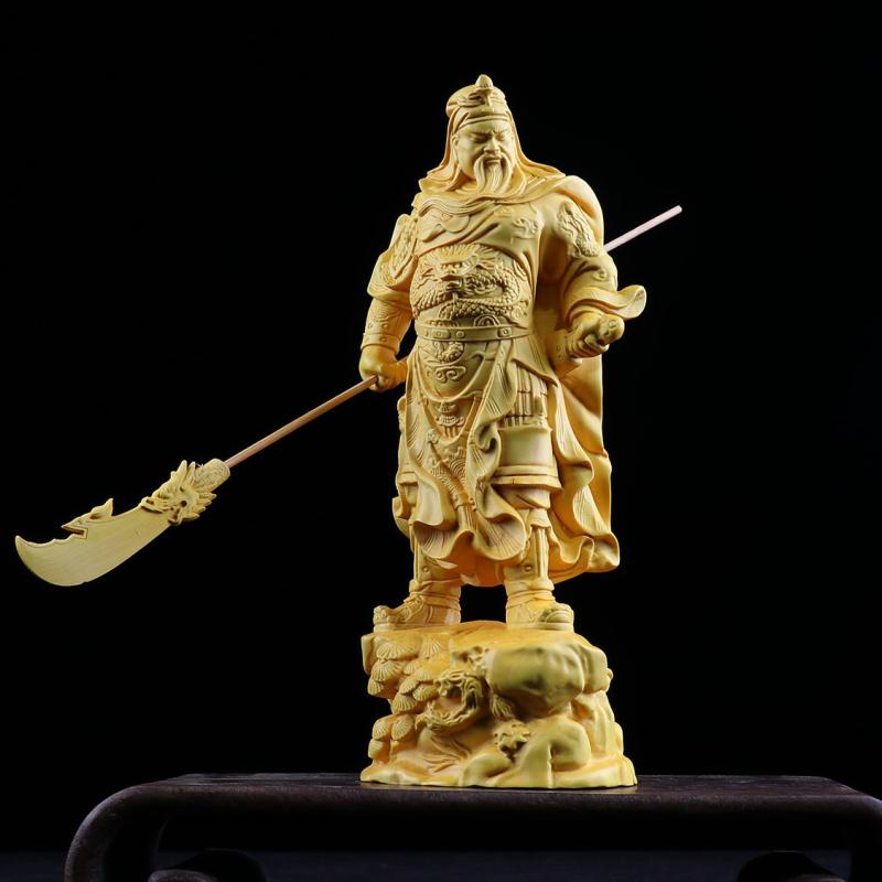 置物 ツゲ 木彫り 関羽 仏像 彫像 忠義 武財神 中国風 新中式 精密 手彫り 高級感 リビング 書斎 応接間 室内 供養 縁起物 開運 商売繁盛 開業祝い 新築祝い 移転祝い