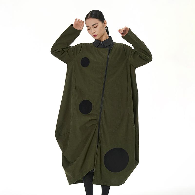 ジャケット レディース ドット柄 コーデュロイ ゆったり ロング丈 ビッグシルエット 着痩せ トップス 春夏 カジュアル オーバーサイズ 丸首 長袖 ボタンなし 切り替え ブラック