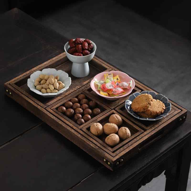 木製トレイ 禅風 無垢材 七つ仕切り 中式 お茶菓子 点心 フルーツ スナック プレート 上品 和モダン アジアンテイスト 来客用 おもてなし リビング ダイニング 小物入れ 多用途
