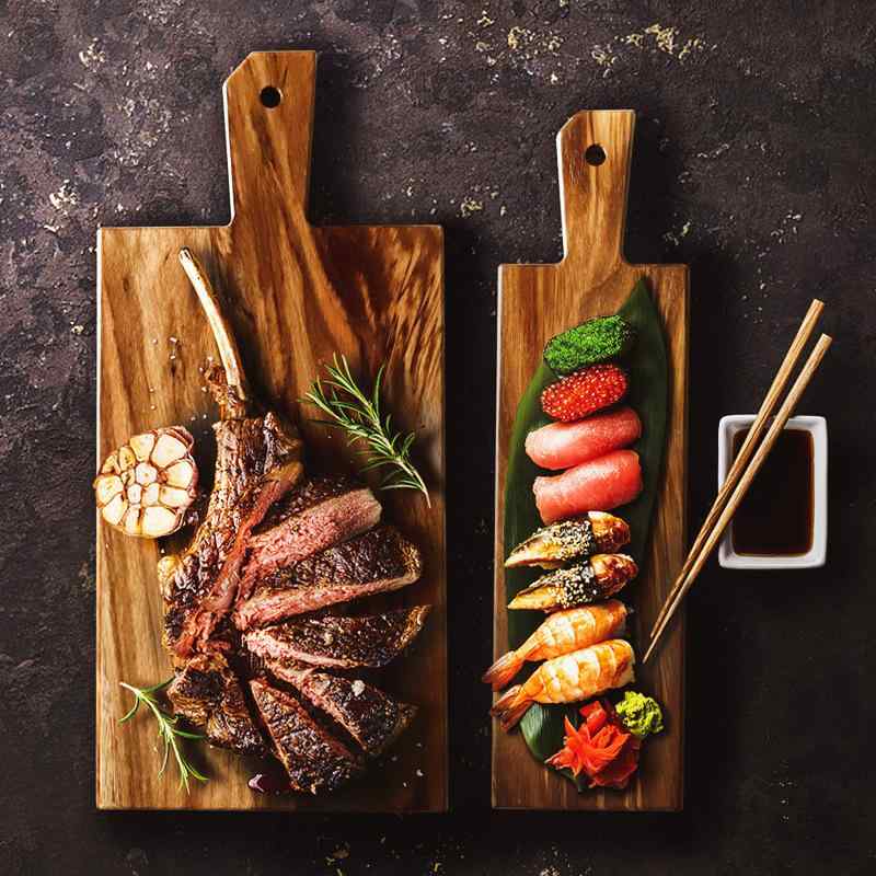 木製プレート ウッドボード カッティングボード トレイ 家庭用 おしゃれ カフェ風 洋食器 ステーキ皿 デザート 盛り付け ディスプレイ用 不規則な形 ハンドル付き 長方形 楕円形