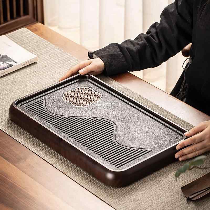 トレイ 茶盤 家庭用 小型 コンパクト 水切り 貯水 排水 両用 乾泡台 功夫茶器 中国茶器 茶道具 メラミン樹脂製 ウォールナット色 ローズウッド色 新中式 和モダン おしゃれ 卓上