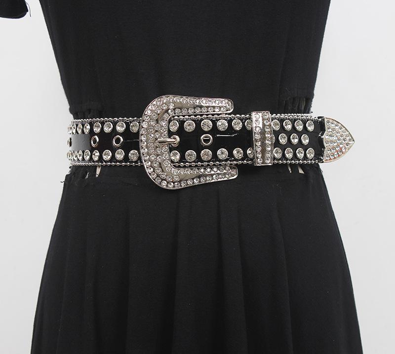 ベルト レディース 合皮 ラインストーン装飾 ピンバックル カジュアル ジーンズ デニム パンク ロック スタイル エッジ ビーズ アクセント ブラック ホワイト