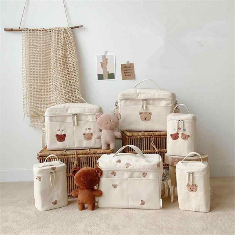 ベビーカー用 保温保冷バッグ ベビー 赤ちゃん くま刺繍 キャンバス 防水 軽量 多機能収納ポーチ おむつ入れ 哺乳瓶 お出かけ