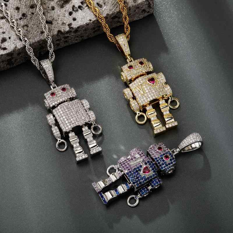 ネックレス メンズ 男性用 ロボット ペンダント 可動式 両面フルジルコニア ハート心拍デザイン ヒップホップ ストリート カジュアル 銅製 電気メッキ ゴールド シルバー カラフル