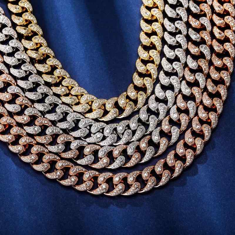 ネックレス メンズ HIPHOP B系 キューバンチェーン 14mm 極太 ジルコニア総付け ボックスクラスプ 銅製 ゴールド シルバー ローズゴールド 喜平チェーン