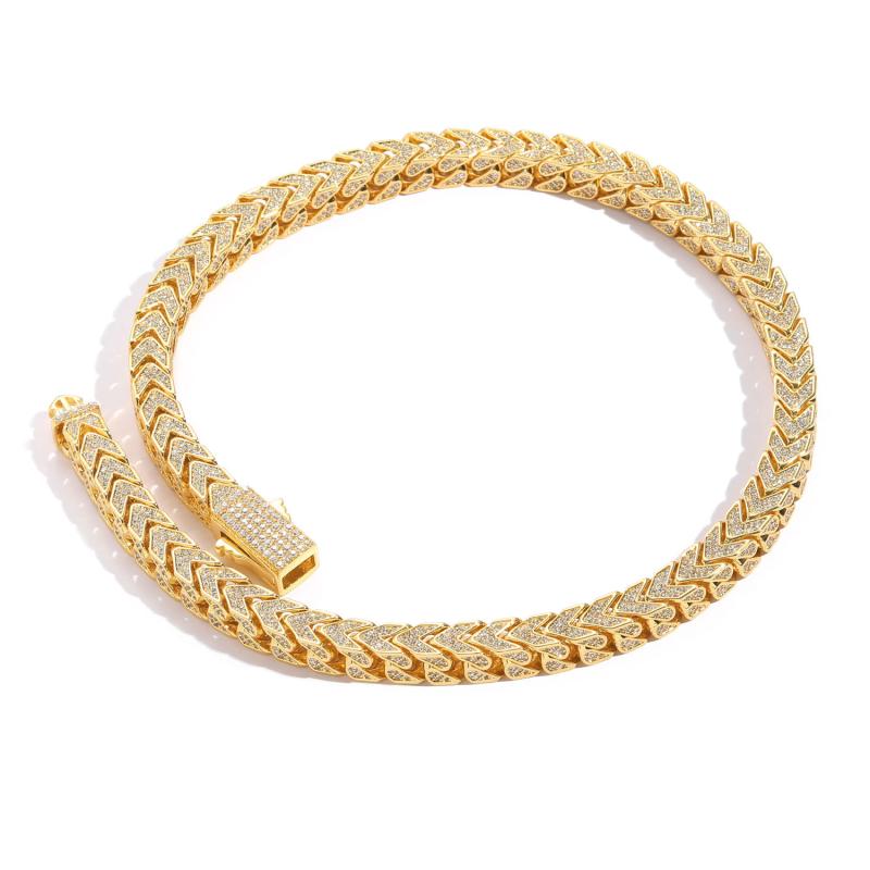 ネックレス メンズ ヒップホップ ストリートファッション 8mm V字チェーン 両面彫刻デザイン 銅製 ゴールド シルバーカラー ジルコニア装飾 首飾り