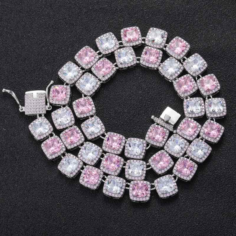 ネックレス 男女兼用 ヒップホップ 銅製 ピンクホワイト ジルコニア 10mm 角型 チェーンネックレス ストリート カジュアル 高級感