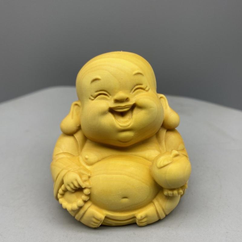 置物 ツゲ材 木彫り 弥勒菩薩 笑顔 笑い仏 縁起物 金運 開運 招財 元宝 リンゴ 古銭 手持ち 無垢材 仏像 インテリア オブジェ 飾り 厄除け