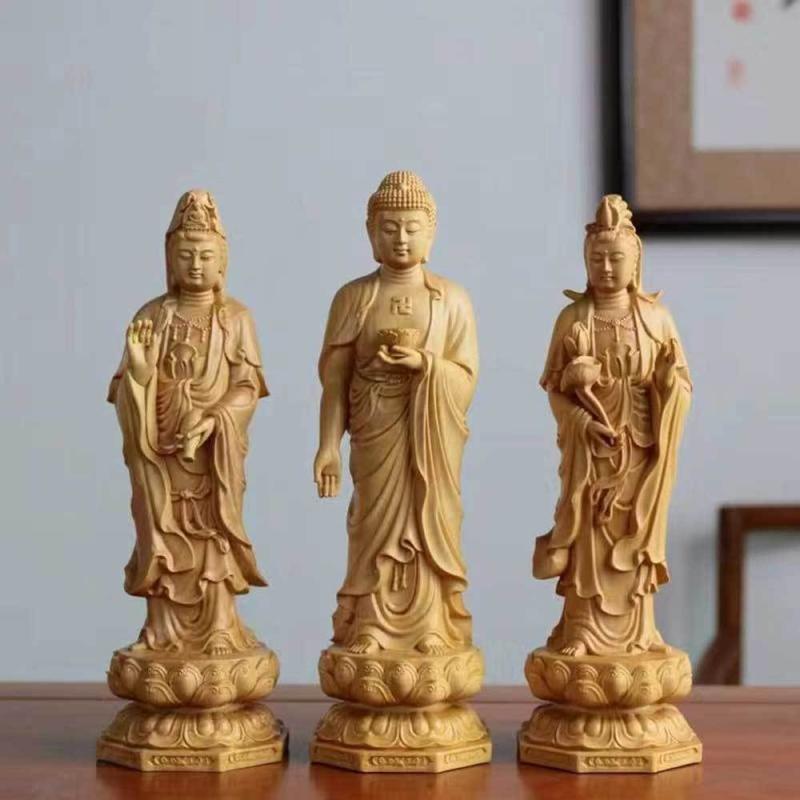 仏像 西方三聖 観音菩薩 黄楊 崖柏 木彫り 置物 精巧 繊細 彫刻 オブジェ 中国風 伝統美 飾り インテリア 和室 書斎 開運 厄除け