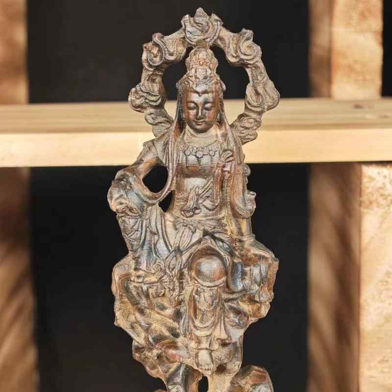 木彫り仏像 自在観音 藤座 インドネシア沈香木 無垢材 精密手彫り 卓上 置物 オブジェ モダンアジアン インテリア 菩薩像 開運 お守り 高級感 14cm