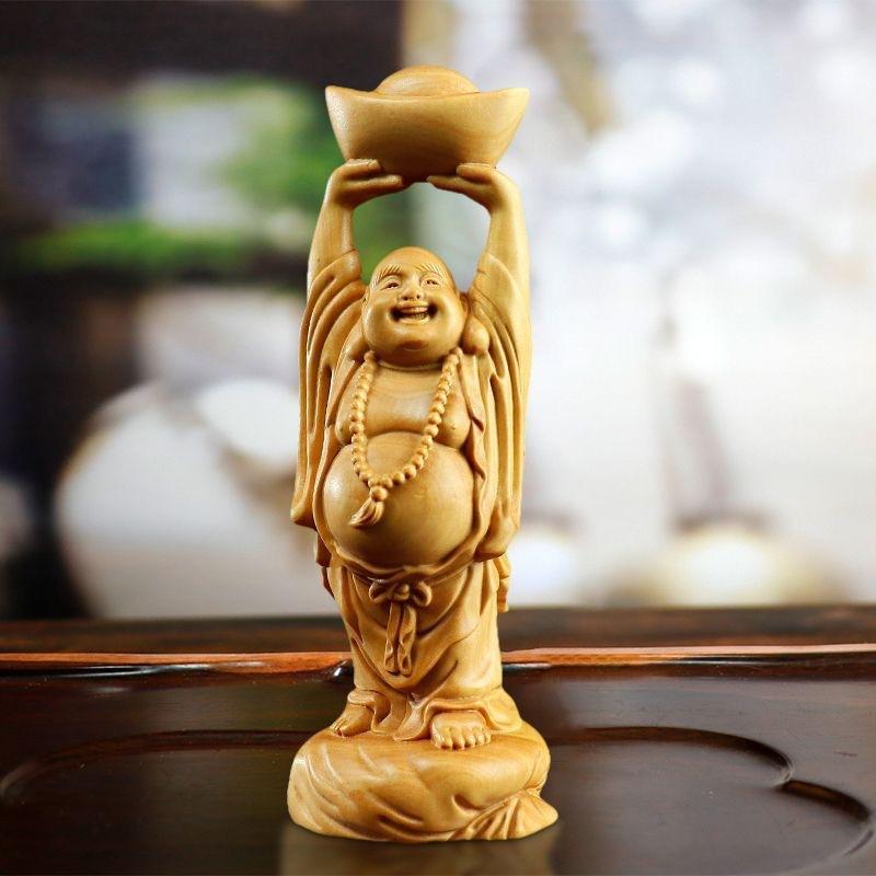 置物 弥勒仏像 布袋様 崖柏 木彫り 無垢材 手彫り 元宝 ラッキーアイテム 開運 卓上 デスク リビング 飾り オブジェ 工芸品