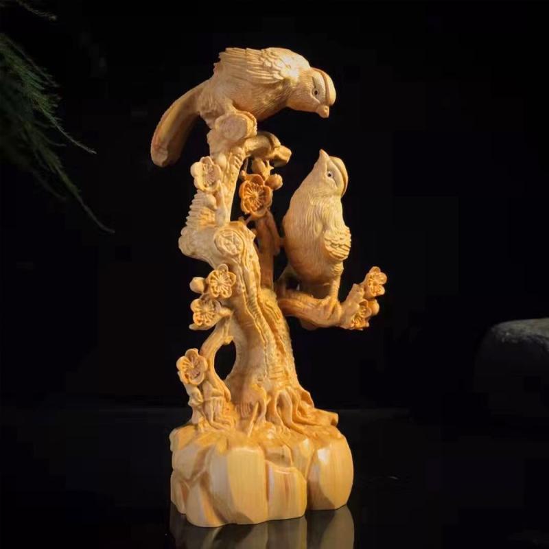 置物 崖柏 無垢材 木彫り 手彫り カササギ モチーフ 工芸品 モダンチャイニーズ リビング 玄関 インテリア装飾 縁起物 贈り物