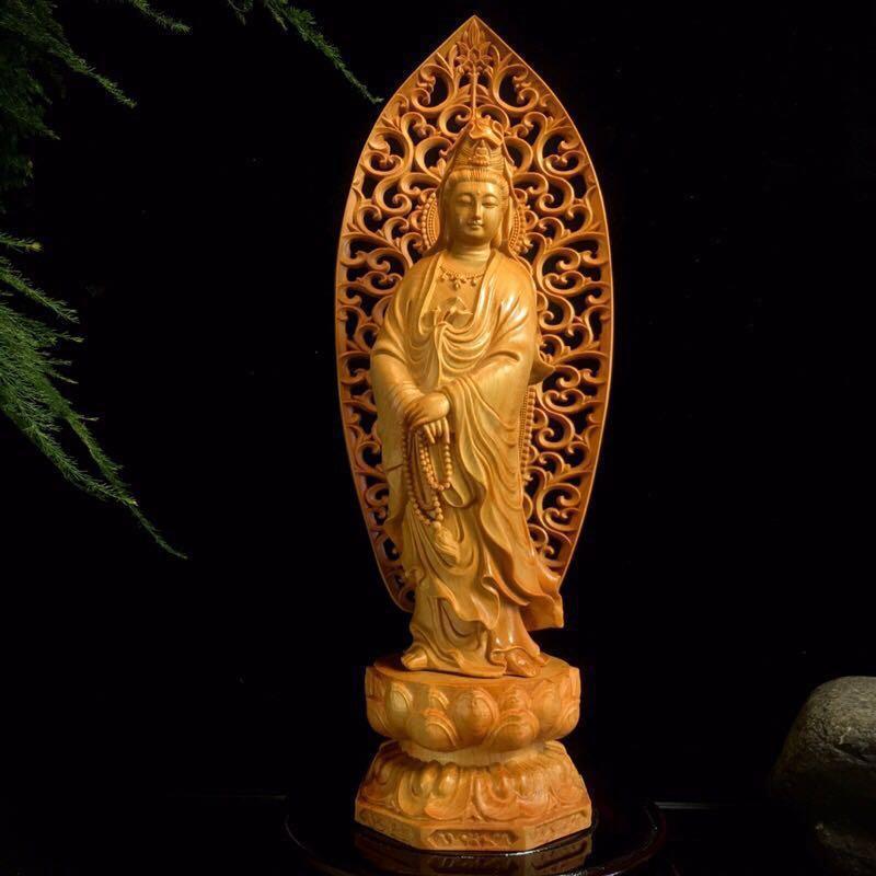 仏像 観音菩薩 桧木 醇乎たる材 生まれながら木 木彫り 手彫り 形像 立ち姿 大型 微笑み もの柔らか面がまえ 飾り付け オブジェ 室内装飾 リビング 室内かざり付ける 飾り付け 新中式 今めかしいアジアン 開運 縁起物 風水 仏具 インテリア小物・置物-その他-インテリア・寝具・収納