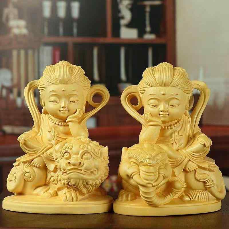 木彫り 置物 オブジェ かわいい 文殊菩薩 普賢菩薩 崖柏 香木 無垢材 仏像 インテリア 開運 家内安全 祈願 新中式スタイル 約10cm ミニチュア 縁起物その他