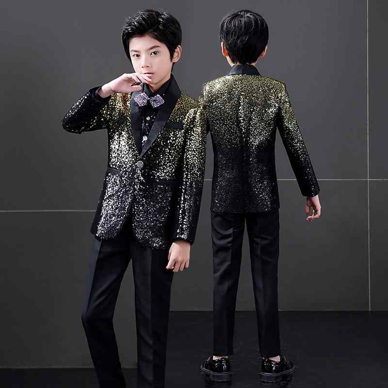 キッズ 男の子 英国風 フォーマルスーツ セットアップ スパンコール 光沢 ピアノ発表会 演奏会 舞台衣装 結婚式 卒業式 入学式 ジュニア 長袖 ポリエステル