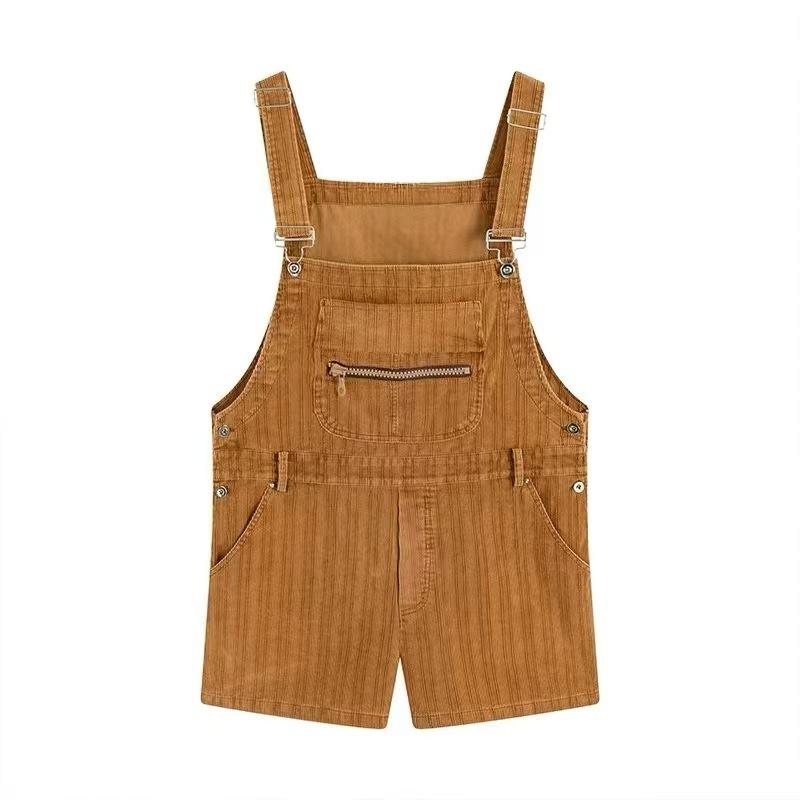 サロペット レディース ゆったり コーデュロイ コットン ショートパンツ ハーフ丈 ジップポケット ウォッシュ加工 カジュアル 春夏 オールインワン ブラウン