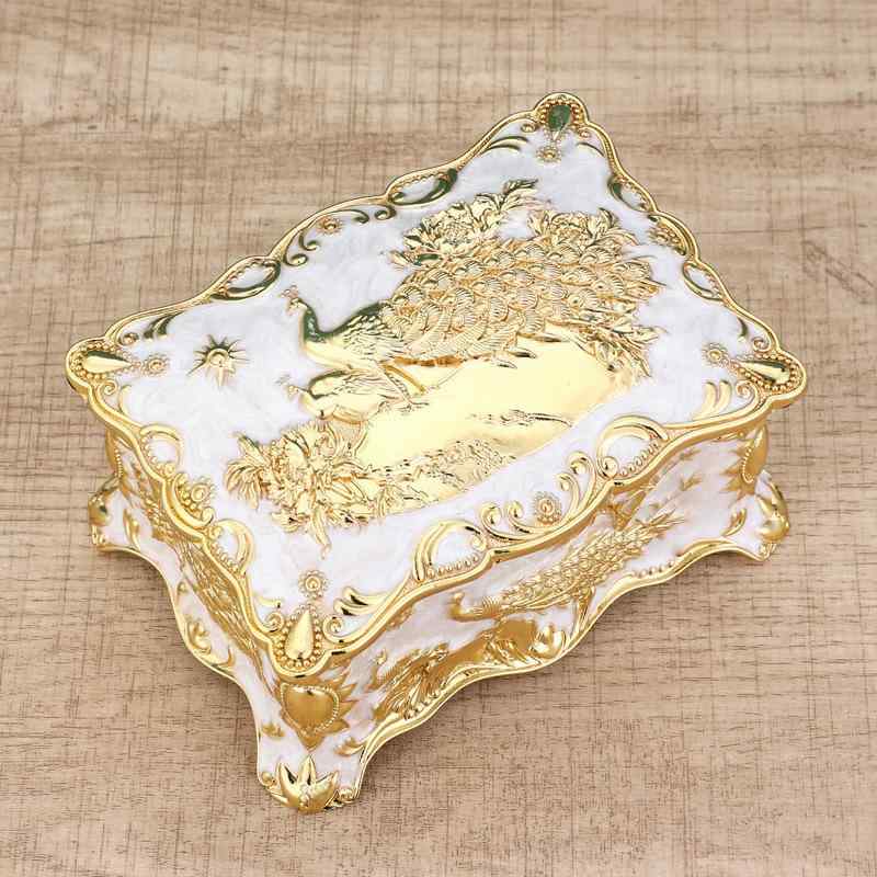ジュエリーボックス 欧風 レトロ調 家庭用 アクセサリー収納ケース 指輪 リング ネックレス イヤリング ピアス アルミ製 花柄 孔雀デザイン 結婚祝い プレゼント