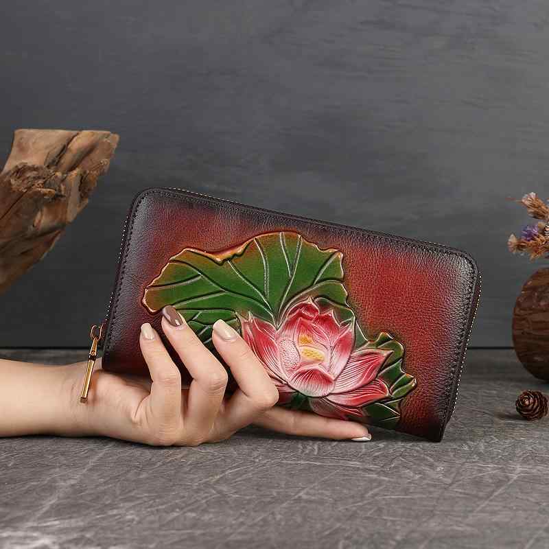 財布 レディース 女性用 ロングウォレット 大容量 本革 牛革 レトロ ヴィンテージ 型押し エンボス 花柄 普段使い 耐摩耗
