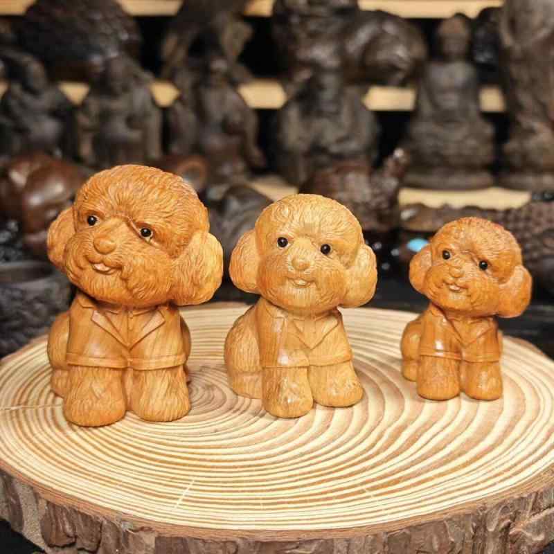 木彫り置物 犬 トイプードル ゴールデンレトリバー かわいい 子犬 崖柏木製 手のひらサイズ 精巧な彫刻 インテリア オブジェ コレクション