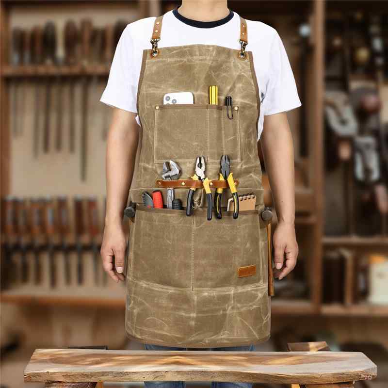 エプロン 首掛け キャンバス 厚手 男女兼用 作業用 ワークエプロン キッチン 台所 防汚 撥水 耐久性 木工 DIY ガーデニング カフェ レストラン 業務用 ロング丈 カーキ
