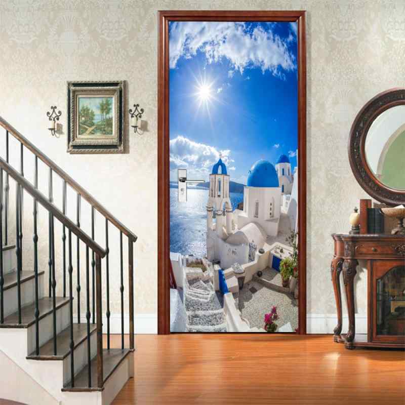 ドアステッカー ドアシート 3D 立体 海岸 海辺風景 ビーチ柄 PVC素材 粘着 壁紙シール リフォームシート 模様替え DIY リビング 寝室 玄関 賃貸対応 大判 2枚組 インテリア装飾
