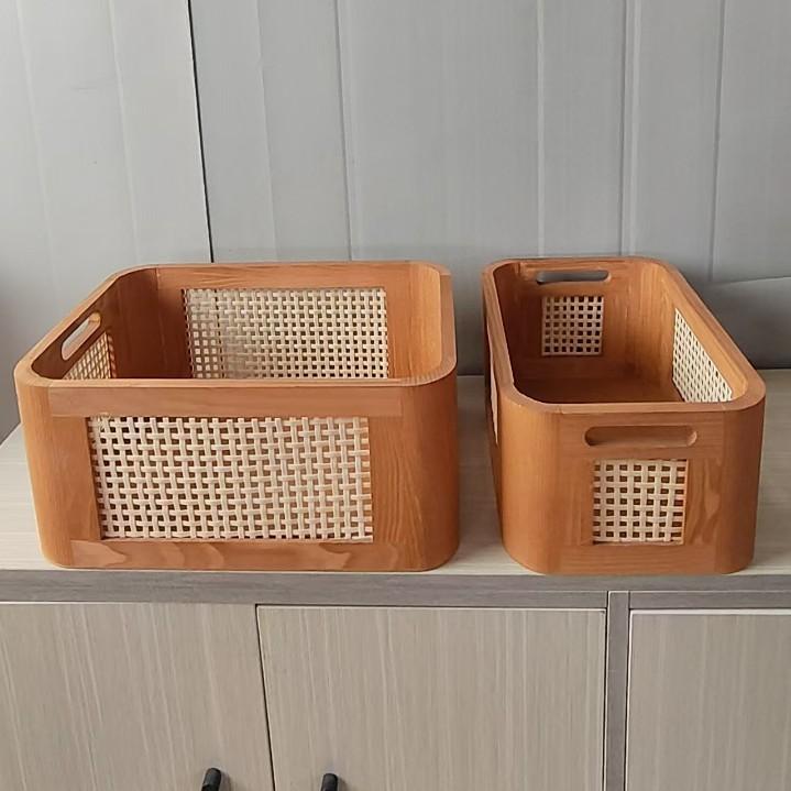 木製バスケット(大小2個セット) 品番800-Mサイズ 内布付き ハンドル付き かごバスケット 【かごのお店