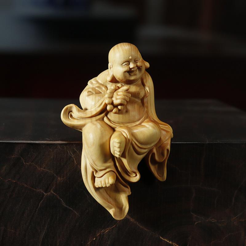 置物 黄楊木彫り 弥勒菩薩 笑い仏 木製 禅スタイル 手のひらサイズ 和風 アジアン インテリア リビング 玄関 書斎 卓上 店舗用 オブジェ 縁起物 開運 コレクション