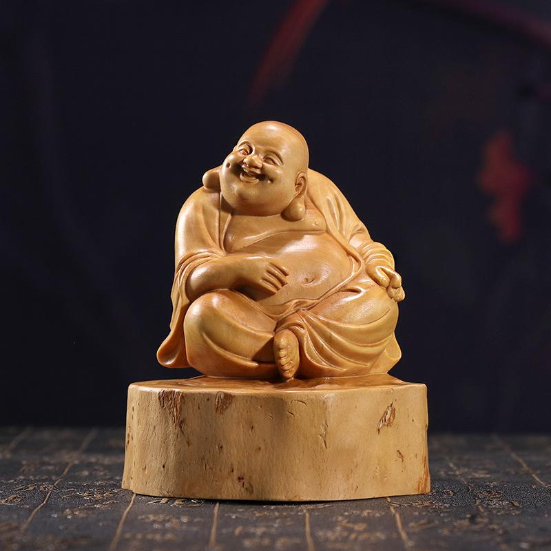 木彫り 黄楊木 弥勒菩薩像 中国風 置物 工芸品 手彫り 精巧 縁起物 オブジェ 掌中物 木製 卓上 車載 室内 リビング 玄関 飾り
