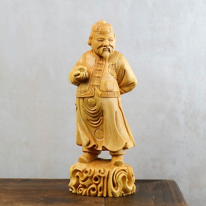 木彫り置物 黄楊木 ツゲ材 地主 財主 中国風人物像 リビング 書斎 オフィス 車内 インテリア オブジェ 開運 金運 縁起物 工芸品 手持ち飾り