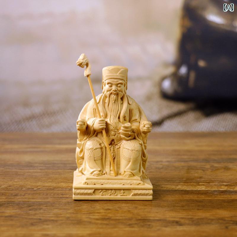 置物 木彫り 黄楊木 ツゲ 木製 彫像 土地神 土地婆 福徳正神 財神様 開運 縁起物 金運アップ 車内装飾 デスク飾り リビング 玄関 インテリア 精巧細工
