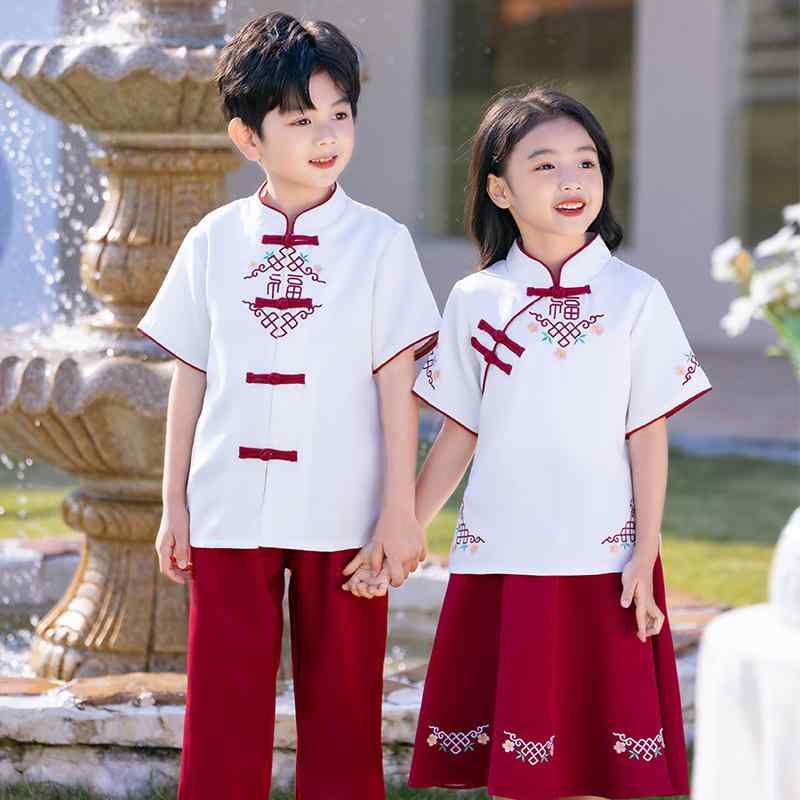 園服 幼稚園 小学生 男女兼用 半袖 スカート 2点セット 中国風 チャイナ服 唐装 夏服 柔らかい 肌触り パフォーマンス 衣装 綿 コットン 発表会 イベント 学園祭