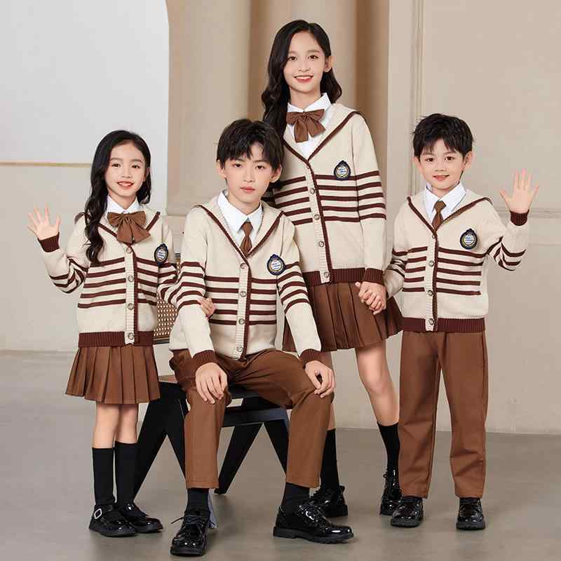 学生服 キッズ 小学生 幼稚園 園児服 男女兼用 ブリティッシュスタイル ニットカーディガン 3点セット セットアップ シングルブレスト 綿 柔らか 肌触り 春秋 新学期 通学 入園入学