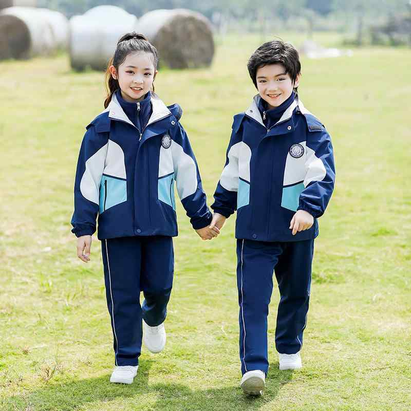 スクールウェア キッズ 子供用 男女兼用 マウンテンパーカー スポーツウェア 3点セット 小学生 幼稚園 制服 フード付き ジップアップ カジュアル ポリエステル混紡 ソフトタッチ 秋冬 ネイビー