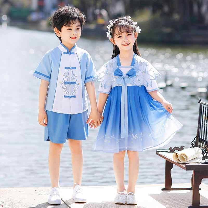 キッズ 子供 男の子 女の子 男女兼用 漢服 中国風 中華伝統 小学生 幼稚園 夏服 制服 発表会 舞台衣装 イベント ダンス 綿 コットン 通気性 上下セット