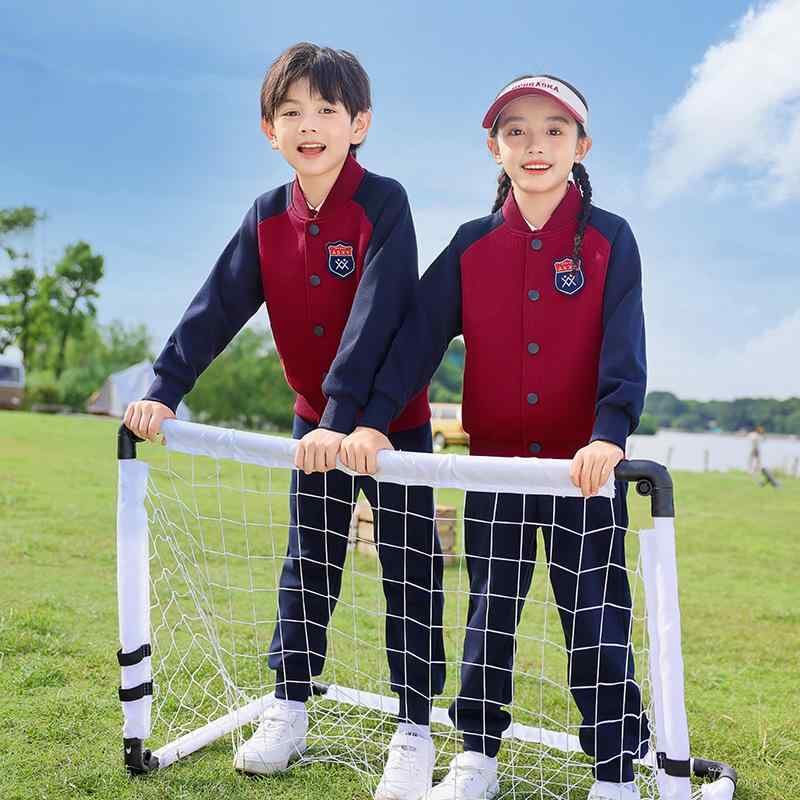 制服 子供 キッズ 男女兼用 春秋 野球 スタジャン ジャケット ロングパンツ スポーツパンツ ジップアップ 綿 コットン フードなし 赤 グレー 2点セット