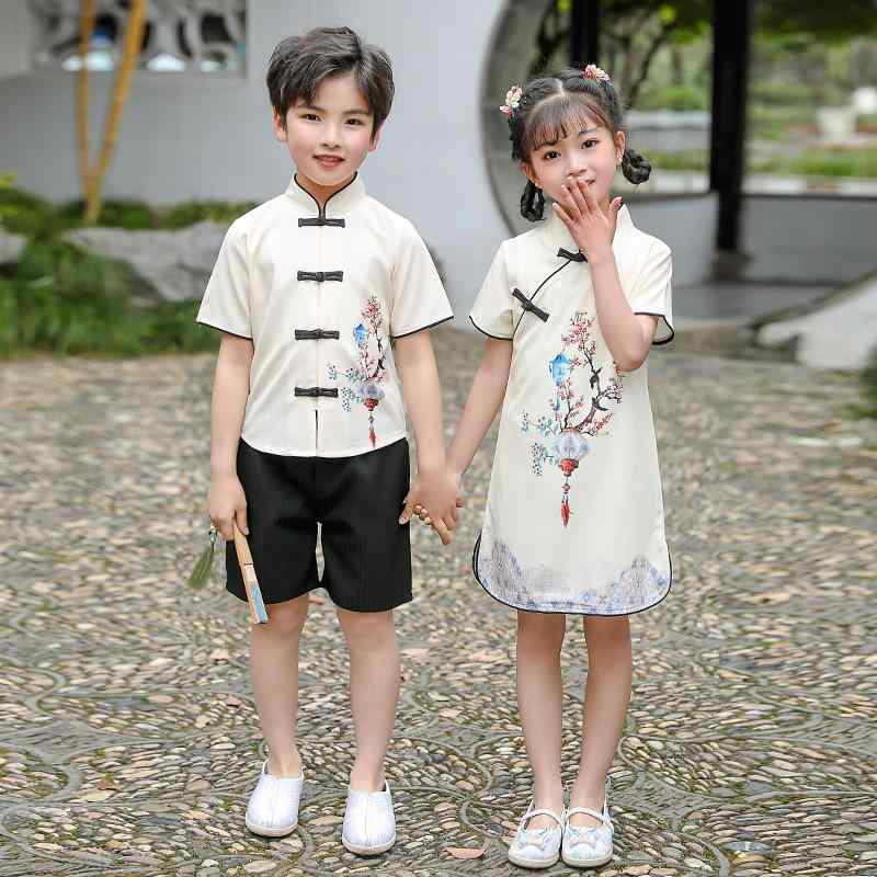 子供服 キッズ 男の子 女の子 男女兼用 チャイナドレス 唐装 漢服 春夏 レトロチャイナ 中華風 発表会 ステージ衣装 幼稚園 小学生 スクール イベント 団体服 コスチューム 柔らか素材 綿混紡 ポリエステル