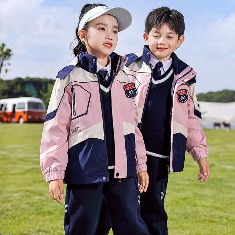 スクールウェア キッズ ジュニア 男女兼用 ブリティッシュスタイル 秋冬 3点セット ジャケット インナー パンツ ウィンドブレーカー フード付き フード着脱可能 防寒 スポーツ カジュアル 通学 通園 コットン混 ポリエステル素材 上下セット