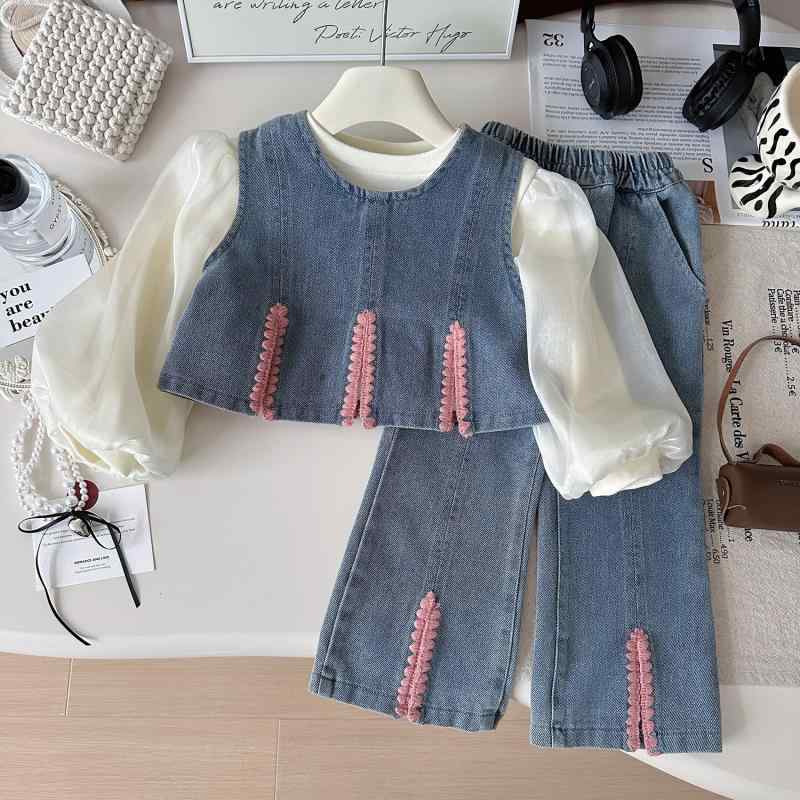 キッズ 女の子 セットアップ 秋物 おしゃれ 韓国風 かわいい シャツ デニム ベスト ワイドパンツ 長袖 綿 ソフトタッチ 3点セット 普段着 カジュアル 通学