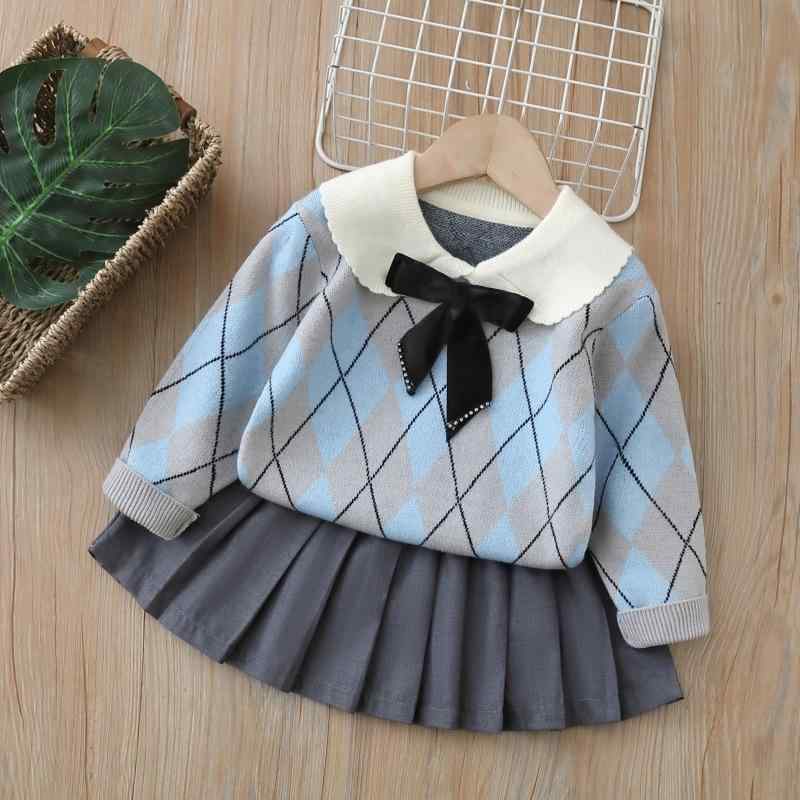 キッズ 女の子 セットアップ JK風 長袖 トップス プリーツスカート スクール風 リボン付き アクリル混紡 柔らかい 秋冬 ライトブルー ピンク