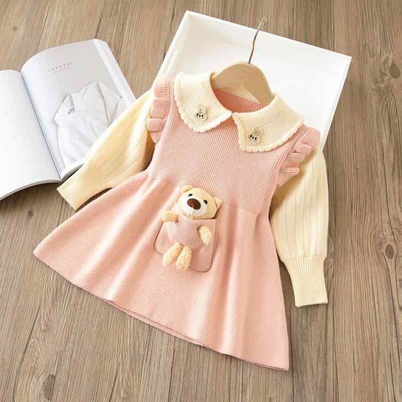 ニットワンピース 女の子 キッズ ガールズ くま キャラクター 長袖 プルオーバー ラウンドネック かわいい フリル 切り替え 秋冬 アクリル混紡 普段使い お出かけ ピンク レッド 裏起毛