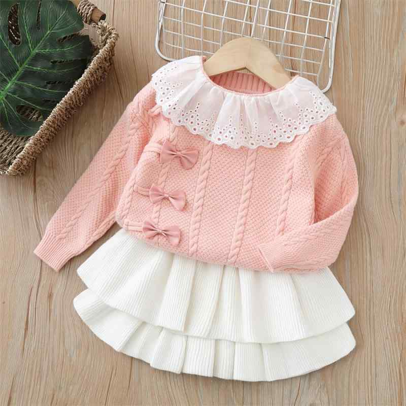 ニット 女の子 キッズ 秋冬 セットアップ ツーピース スカートセット かわいい スウィート リボン プリンセス チェック柄 長袖 アクリル 繊維混紡