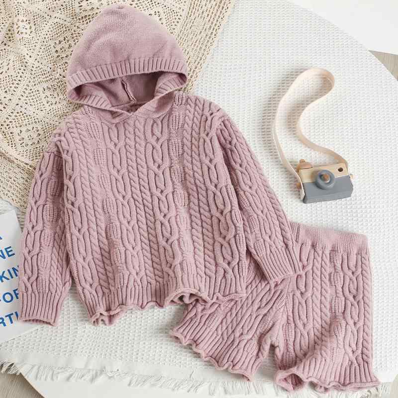 キッズ 女の子 ニットセットアップ 春秋冬 韓国風 フード付き 長袖トップス ショートパンツ 2点セット 無地 柔らかい肌触り カジュアル おしゃれ かわいい 子供服