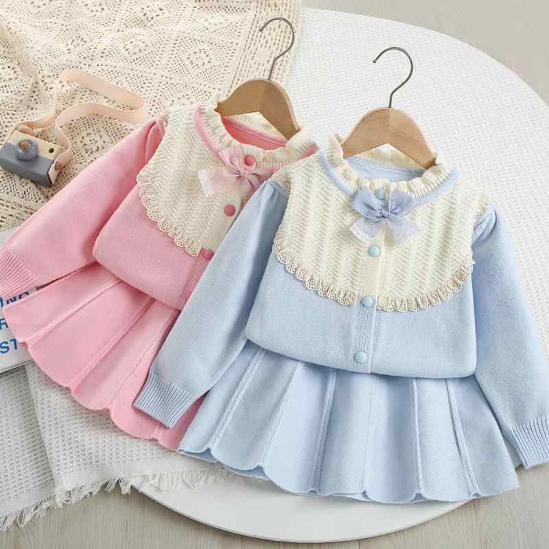 ニット セットアップ 女の子 女児 春秋 かわいい スウィート シンプル レース リボン 長袖 アクリル 2点セット ツーピース 普段着 お出かけ 通園 通学服